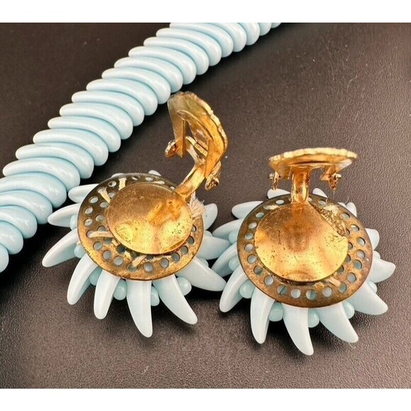 Vtg West Germany Glass Bead Necklace & Clip Earring Set Baby Blue - Picture 7 of 10